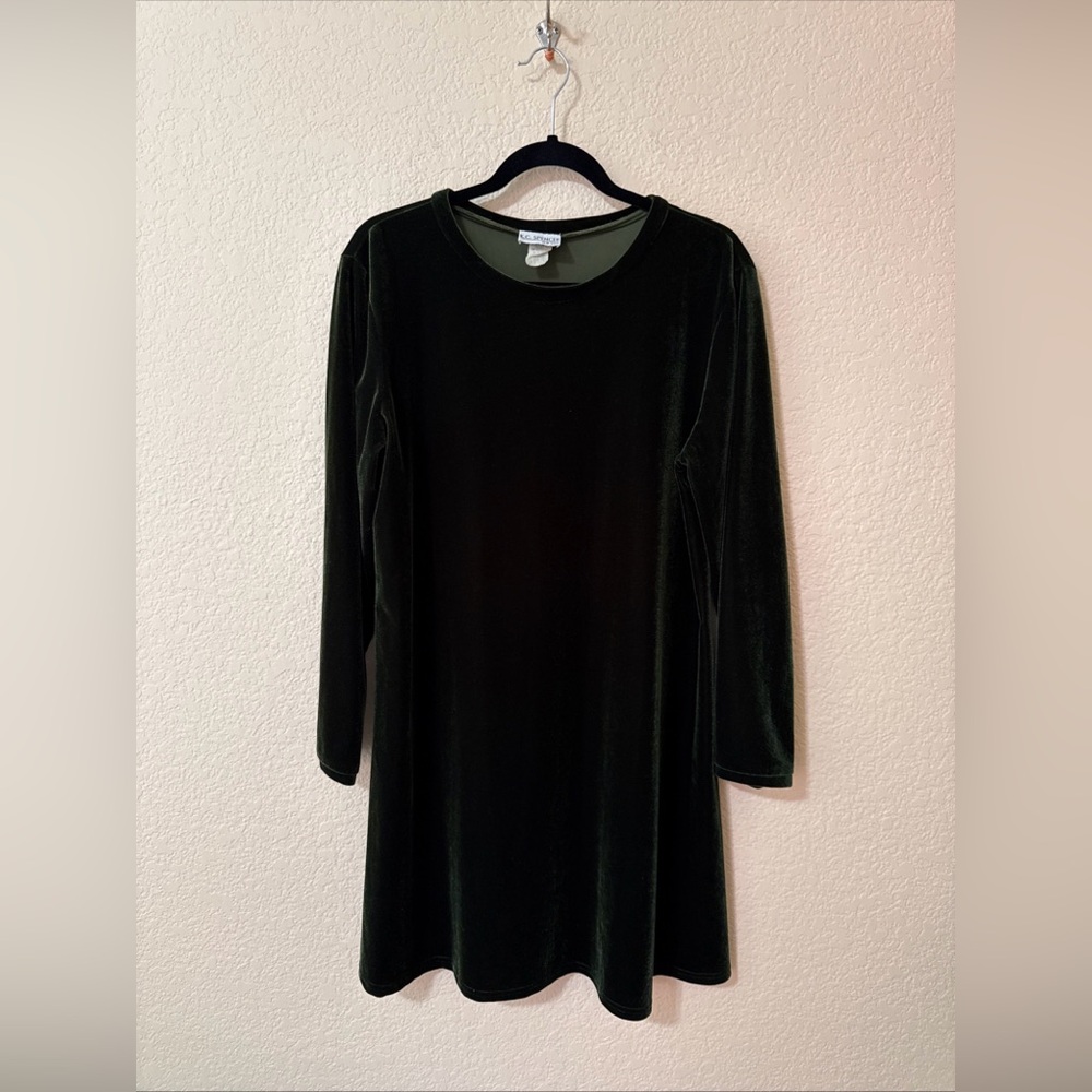 VTG 1990s K.C. Spencer Forest Green Velvet Long Sleeve Shift Dress‎ USA Sz 14